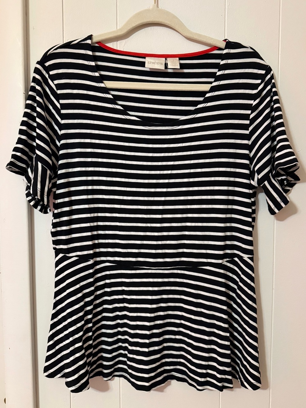 Chico's Black & White Striped Peplum Tunic with Red Trim